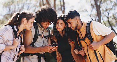 Buy stock photo Nature, friends and reading with phone for hiking, route navigation and online trail map for trekking. Location app, national forest site or people with mobile for backpacking, compass or directions