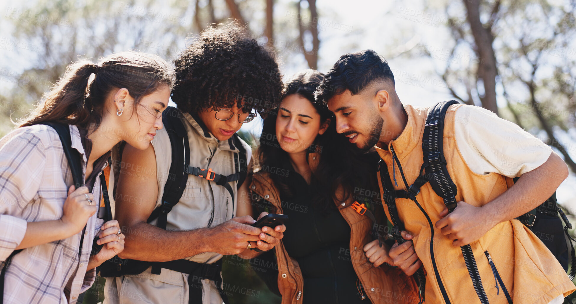Buy stock photo Nature, friends and reading with phone for hiking, route navigation and online trail map for trekking. Location app, national forest site or people with mobile for backpacking, compass or directions