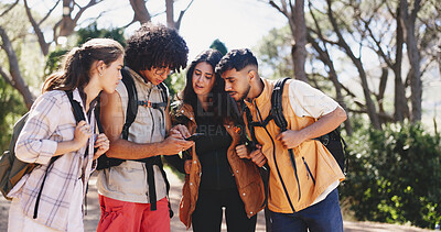 Buy stock photo Outdoor, friends and reading with phone for hiking, route navigation and online trail map for trekking. Location app, national forest site or people with mobile for backpacking, compass or directions