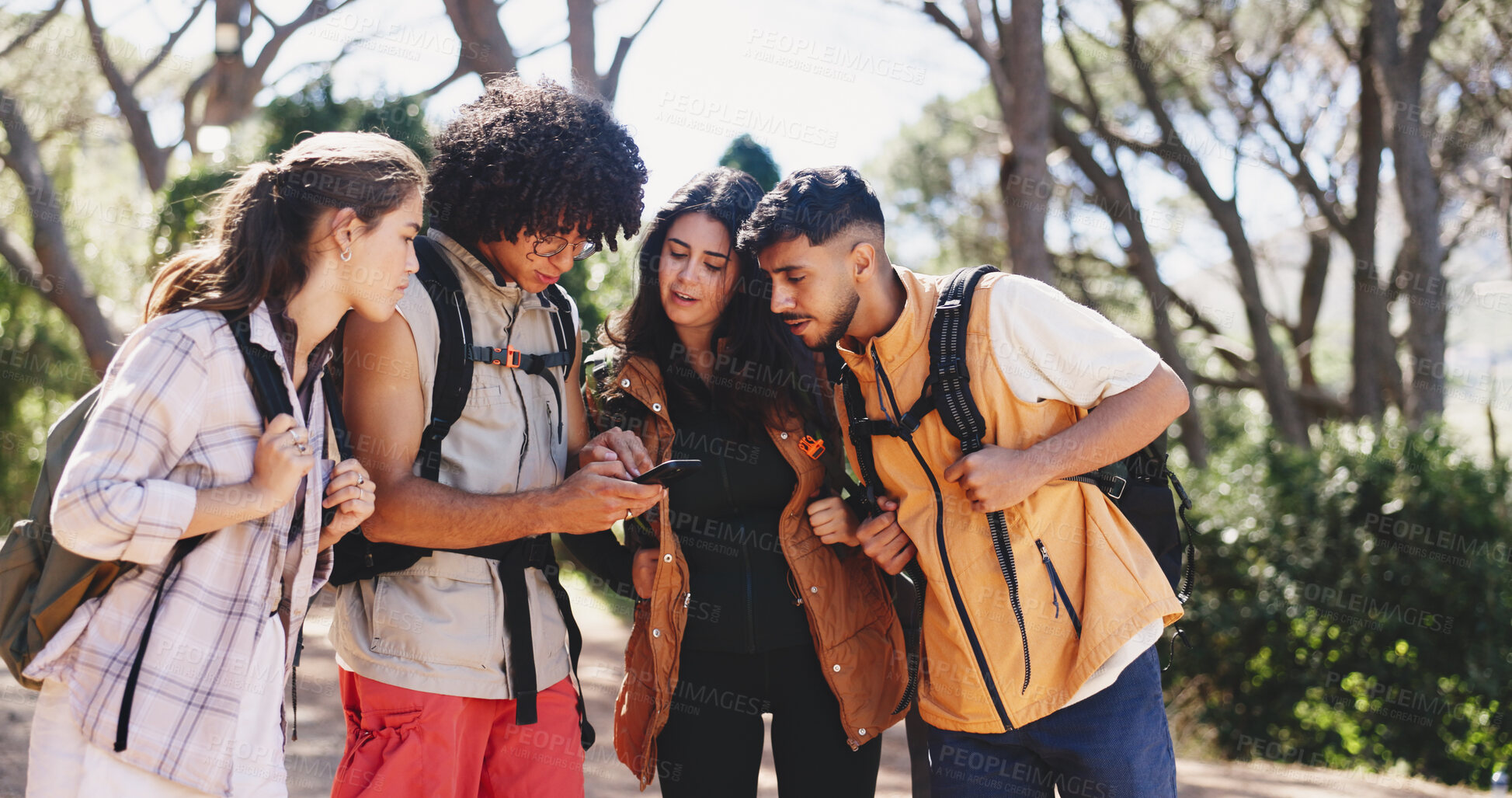Buy stock photo Outdoor, friends and reading with phone for hiking, route navigation and online trail map for trekking. Location app, national forest site or people with mobile for backpacking, compass or directions