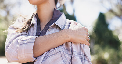 Buy stock photo Hand, hiking and woman in forest, shoulder pain and muscle tension with inflammation. Outdoor, hiker and person with fitness, anatomy problem or wellness with ache, strain or travel with joint injury