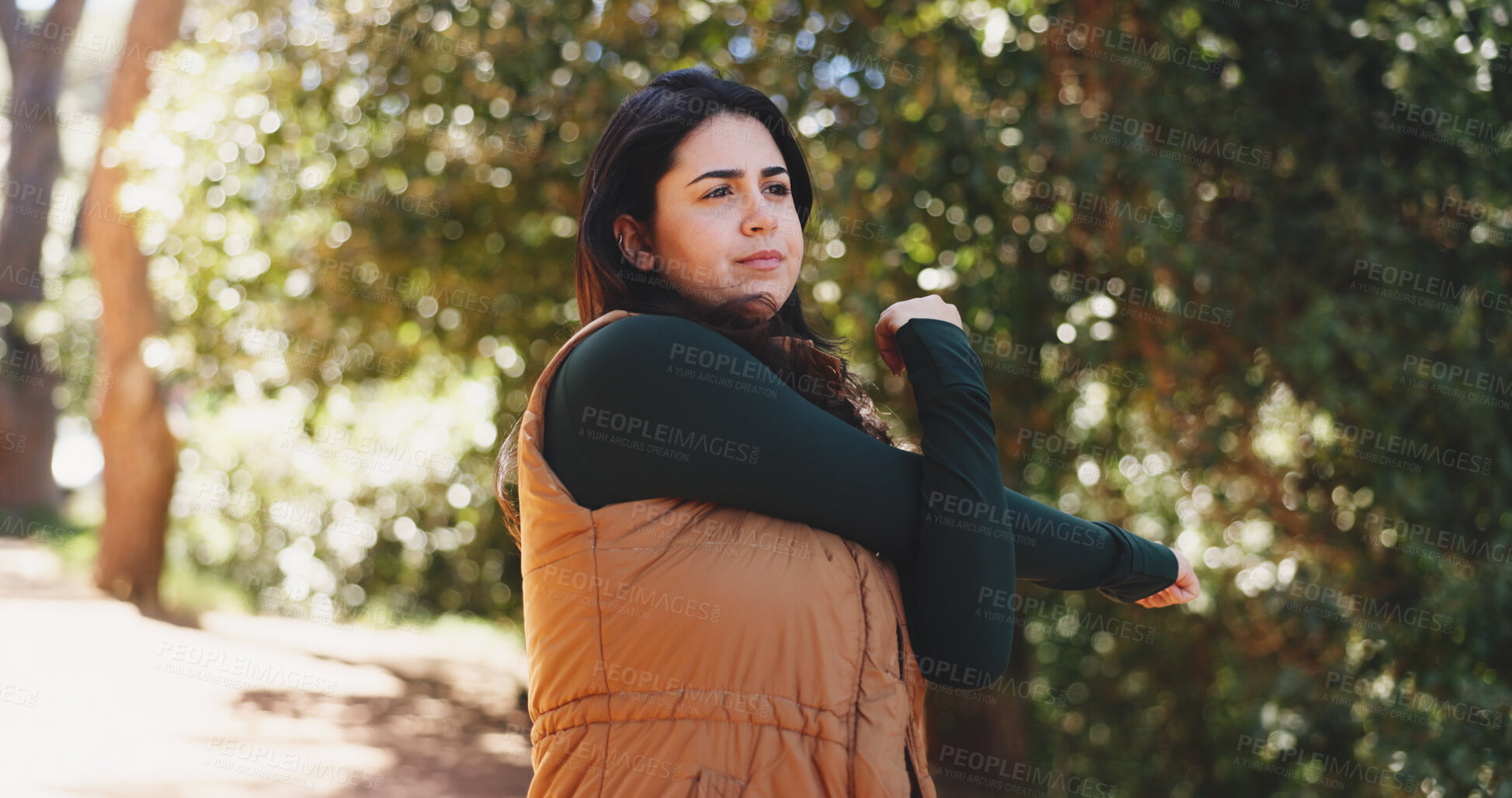 Buy stock photo Outdoor, fitness and woman with stretching for hiking, warm up routine and prepare for trekking exercise. Getting ready, wellness practice and person on path with cardio, health and nature training