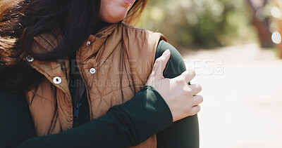 Buy stock photo Hand, hiking and woman with shoulder pain, outdoor and muscle pressure with joint injury. Health risk, hiker or person with exercise, anatomy problem or wellness with ache, strain or travel in Canada