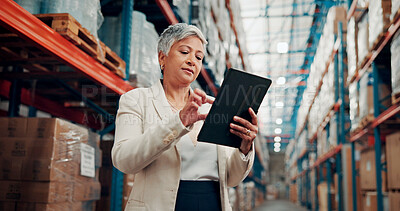 Buy stock photo Business woman, warehouse and inventory with tablet for logistics, checklist or quality assurance. Mature, female person or distributor with technology for stock check, shipping or storage inspection