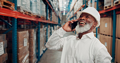 Buy stock photo Phone call, supply chain and black man in warehouse, funny and discussion for shipment status. Mature person, quality control or employee in factory, cellphone or laughing with distribution or export