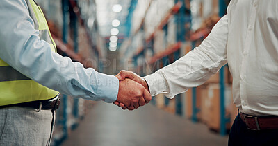 Buy stock photo Business people, meeting and warehouse with handshake for partnership, b2b or deal in logistics. Employees, colleagues or shaking hands with agreement for storage control, shipping or supply chain