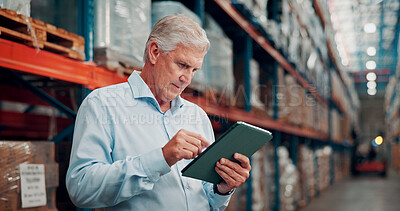 Buy stock photo Man, reading and inspection with tablet at warehouse for logistics, stock check and supply chain. Mature person, digital and research for export policy, inventory management and schedule for shipping