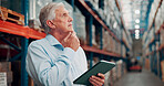 Thinking, man and logistics manager with tablet in warehouse with planning for shipping or cargo. Ideas, digital technology and mature male supply chain worker with choice for distribution from below