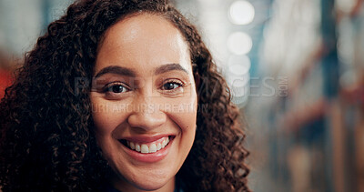 Buy stock photo Woman, smile and portrait at warehouse for shipping, inventory management or inspection for logistics. Person, happy and career with supply chain, storage or confident at distribution plant in Brazil