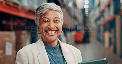 Buy stock photo Tablet, woman and portrait of logistics manager in warehouse with online order confirmation. Happy, technology and mature female supply chain worker with pride for shipping business in factory.