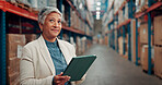 Logistics, thinking and woman with tablet in warehouse for inspection, storage and distribution of stock. Reflection, quality control and mature manager with shipping schedule, tech and depot insight