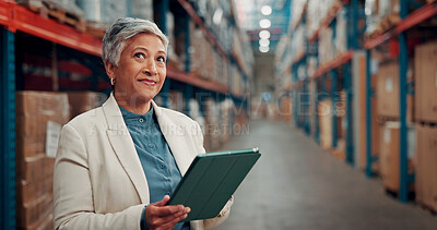 Buy stock photo Logistics, thinking and woman with tablet in warehouse for inspection, storage and distribution of stock. Reflection, quality control and mature manager with shipping schedule, tech and depot insight