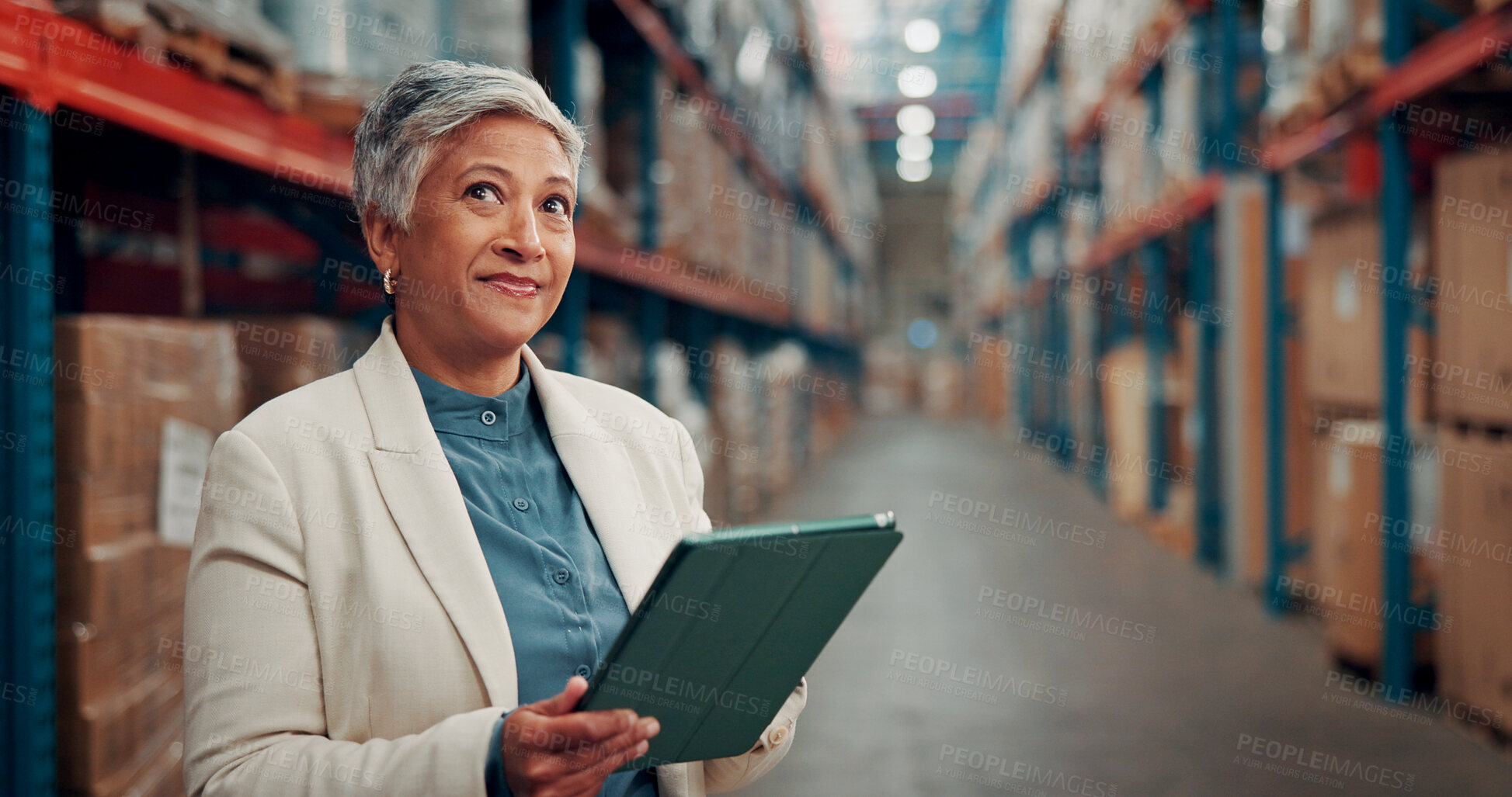 Buy stock photo Logistics, thinking and woman with tablet in warehouse for inspection, storage and distribution of stock. Reflection, quality control and mature manager with shipping schedule, tech and depot insight