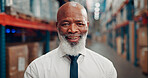 Portrait, black man and warehouse manager with smile for logistics, shipping career and bokeh. Happy person, mature professional and distribution supervisor with pride, about us and confidence