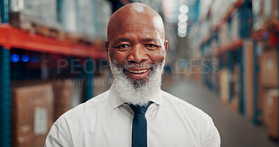 Buy stock photo Portrait, black man and warehouse manager with smile for logistics, shipping career and bokeh. Happy person, mature professional and distribution supervisor with pride, about us and confidence