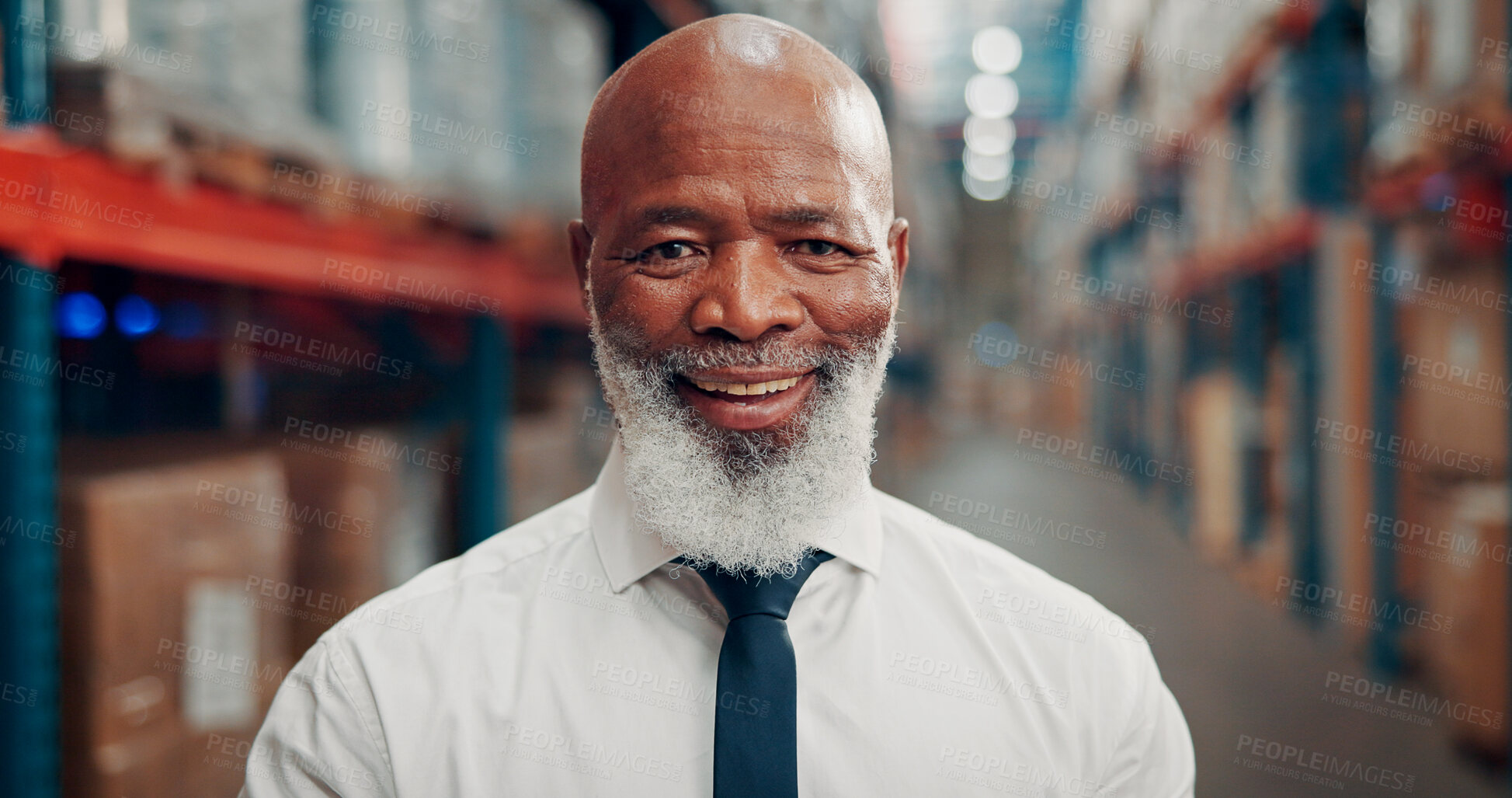 Buy stock photo Portrait, black man and warehouse manager with smile for logistics, shipping career and bokeh. Happy person, mature professional and distribution supervisor with pride, about us and confidence