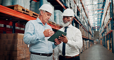 Buy stock photo Tablet, men and supply chain managers in warehouse with information for online order with shipping. Teamwork, digital technology and male logistics employees with confirmation for quality control.