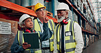 Business people, warehouse or checking stock with tablet for inventory or shipping in storage depot. Team, employees or colleagues with technology for logistics, cargo inspection or quality assurance