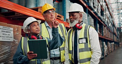 Buy stock photo Business people, warehouse or checking stock with tablet for inventory or shipping in storage depot. Team, employees or colleagues with technology for logistics, cargo inspection or quality assurance