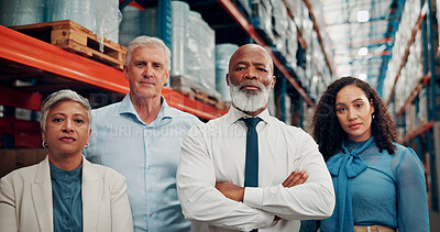 Buy stock photo Man, team and portrait with logistics at warehouse, synergy and solidarity with pride for shipping. People, group and distribution for supply chain, confident or inventory management at storage plant