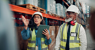 Buy stock photo Business woman, team or warehouse with tablet for inventory, shipping or stock check in depot. Female person, employees or colleagues with technology for logistics, storage inspection or distribution