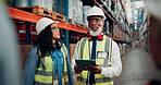Tablet, people and logistics employees in warehouse with information for online order with shipping. Discussion, digital technology and supply chain managers with confirmation for quality control.