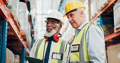 Buy stock photo Businessmen, warehouse and logistics with tablet for stock check, inventory or shipping. Men, employees or storage with technology for cargo inspection, distribution or quality assurance in depot
