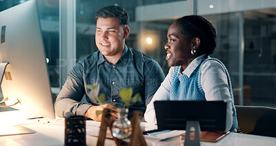 Buy stock photo Night, people and discussion in office with computer, financial review or deadline for company audit. Late, team and conversation in workplace with desktop, finance report or planning for accounting.