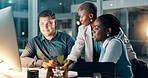 Night, business people and meeting in office with computer, financial review and deadline for audit. Late, team and conversation with desktop, problem solving and collaboration for accounting report.