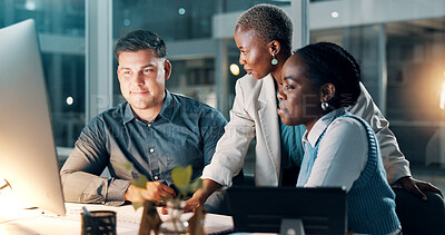 Buy stock photo Night, business people and meeting in office with computer, financial review and deadline for audit. Late, team and conversation with desktop, problem solving and collaboration for accounting report.