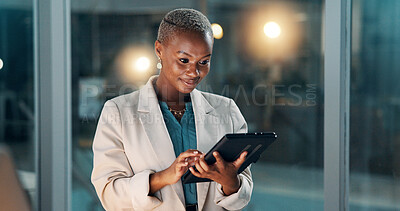 Buy stock photo Night, businesswoman and scroll in office with tablet, financial review and deadline for company audit. Late, black person and research in workplace with tech, finance report and plan for accounting.