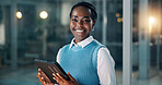 Creative, night and portrait of black woman on tablet for news report, article deadline or research. Happy, magazine agency and person on digital tech for editing story, journalism career and website