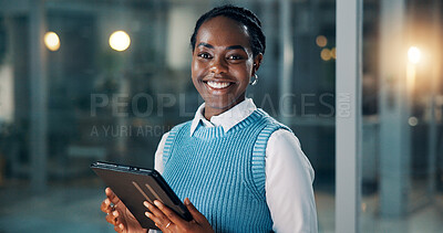 Buy stock photo Creative, night and portrait of black woman on tablet for news report, article deadline or research. Happy, magazine agency and person on digital tech for editing story, journalism career and website