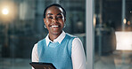 Office, night and portrait of black woman on tablet for news report, article deadline or research. Creative agency, happy and person on digital tech for editing story, journalism career and website