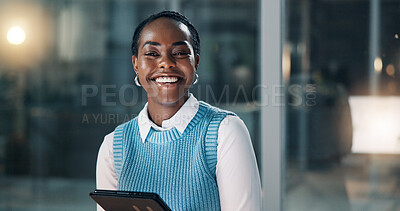 Buy stock photo Office, night and portrait of black woman on tablet for news report, article deadline or research. Creative agency, happy and person on digital tech for editing story, journalism career and website