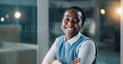 Buy stock photo Night, arms crossed and black woman with smile for portrait, finance career and corporate professional. Pride, late admin or manager in office for payroll audit, tax regulation or salary supervision