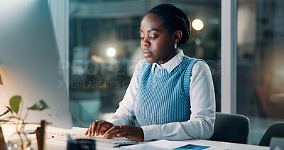 Buy stock photo Computer, typing and businesswoman in office at night with research for finance report with deadline. Keyboard, technology and African female financial advisor with investment proposal in workplace.