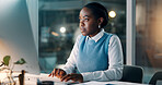 Office, woman and typing on computer at night for story draft, editing article or publication deadline. Journalist, black person and tech at publishing agency for breaking news coverage and research