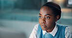 Business, woman and research on computer in office for story draft, editing article or publication. Journalist, black person and tech at agency for breaking news coverage, plot development and space
