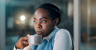 Buy stock photo Serious, employee and woman with coffee, office or ideas for story at night, thinking and journalism. Newsroom, reflection and black person with tea, reporter and working late for project or planning