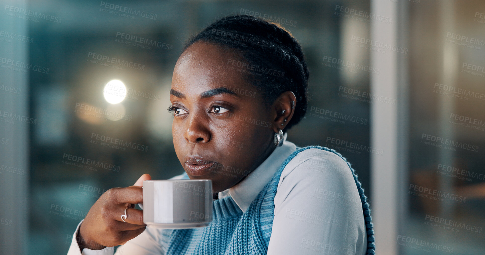 Buy stock photo Serious, employee and woman with coffee, office or ideas for story at night, thinking and journalism. Newsroom, reflection and black person with tea, reporter and working late for project or planning