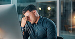 Headache, night or man in office with computer, overworked or stress in missed deadline. Migraine, bokeh or employee in workplace with tech, vertigo or burnout in late shift task management.