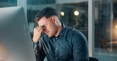 Buy stock photo Headache, night or man in office with computer, overworked or stress in missed deadline. Migraine, bokeh or employee in workplace with tech, vertigo or burnout in late shift task management.