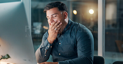 Buy stock photo Tired, computer and yawn with business man in office for night, fatigue and report deadline. Overtime, bokeh and burnout with male person in agency for online research, overworked and workaholic