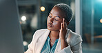 Headache, night or black woman in office with computer, overworked or stress in missed deadline. Fatigue, migraine or consultant in agency with tech, vertigo or burnout in late shift task management.