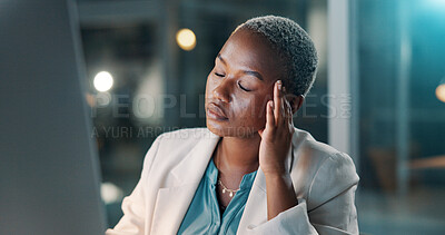 Buy stock photo Headache, night or black woman in office with computer, overworked or stress in missed deadline. Fatigue, migraine or consultant in agency with tech, vertigo or burnout in late shift task management.