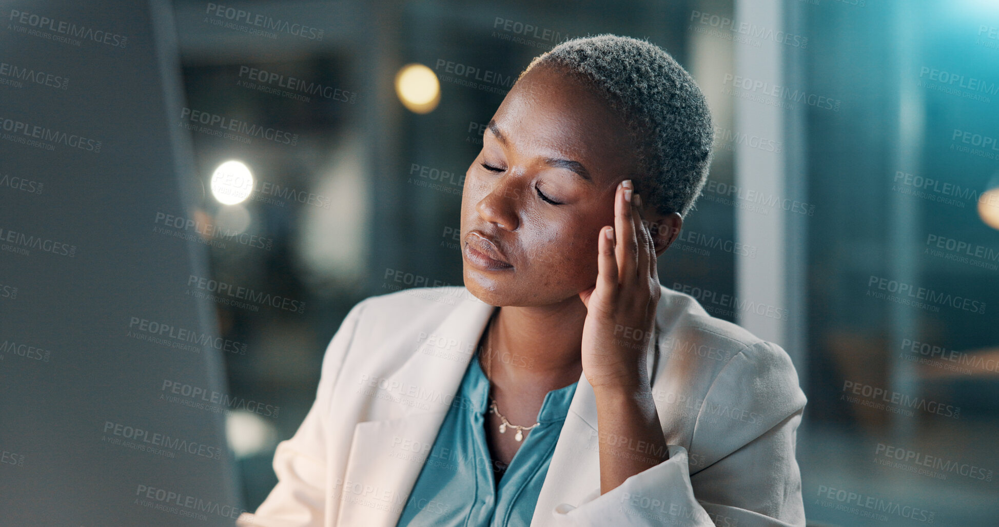 Buy stock photo Headache, night or black woman in office with computer, overworked or stress in missed deadline. Fatigue, migraine or consultant in agency with tech, vertigo or burnout in late shift task management.