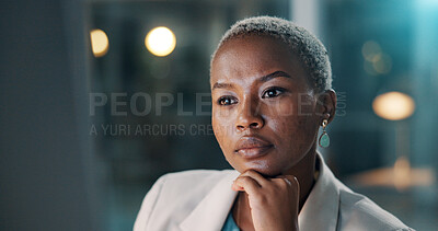 Buy stock photo Thinking, black woman or review on computer in office for story insight, proofreading draft or bokeh. Night, reading and editor with PC at agency for blog editing, approval decision and breaking news