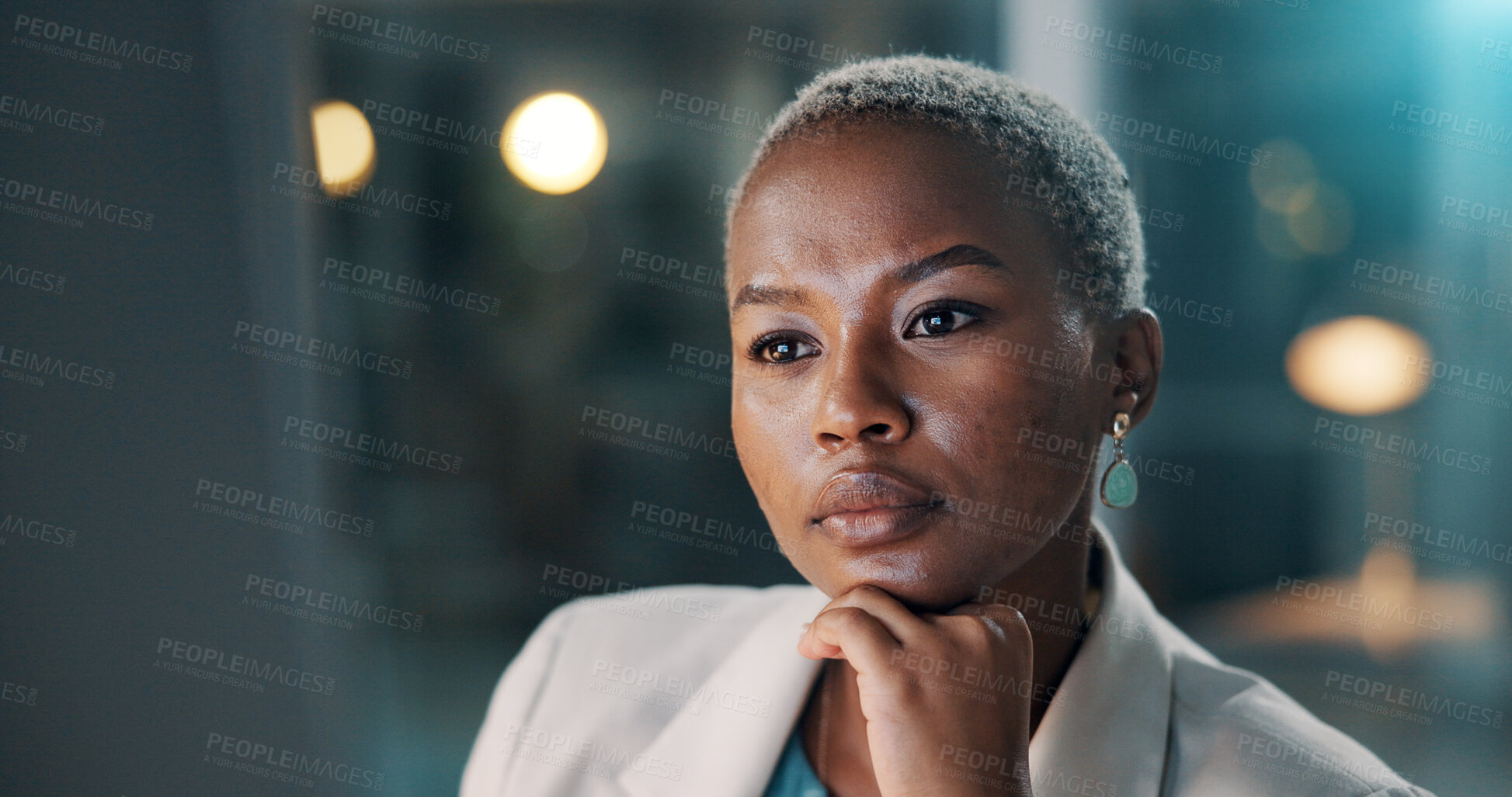 Buy stock photo Thinking, black woman or review on computer in office for story insight, proofreading draft or bokeh. Night, reading and editor with PC at agency for blog editing, approval decision and breaking news