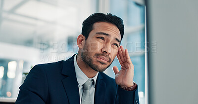 Buy stock photo Computer, business man and headache in office from auditing burnout, workload pressure or brain fog. Tech, accountant and tension migraine at work for deadline challenge, overworked or mental fatigue